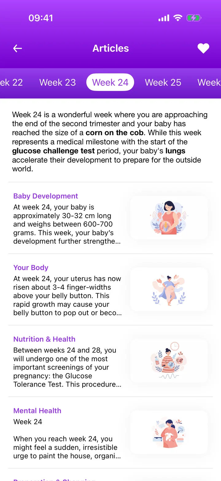 Growby week-by-week articles screen for week 24 with Baby Development, Your Body, Nutrition & Health and Mental Health articles