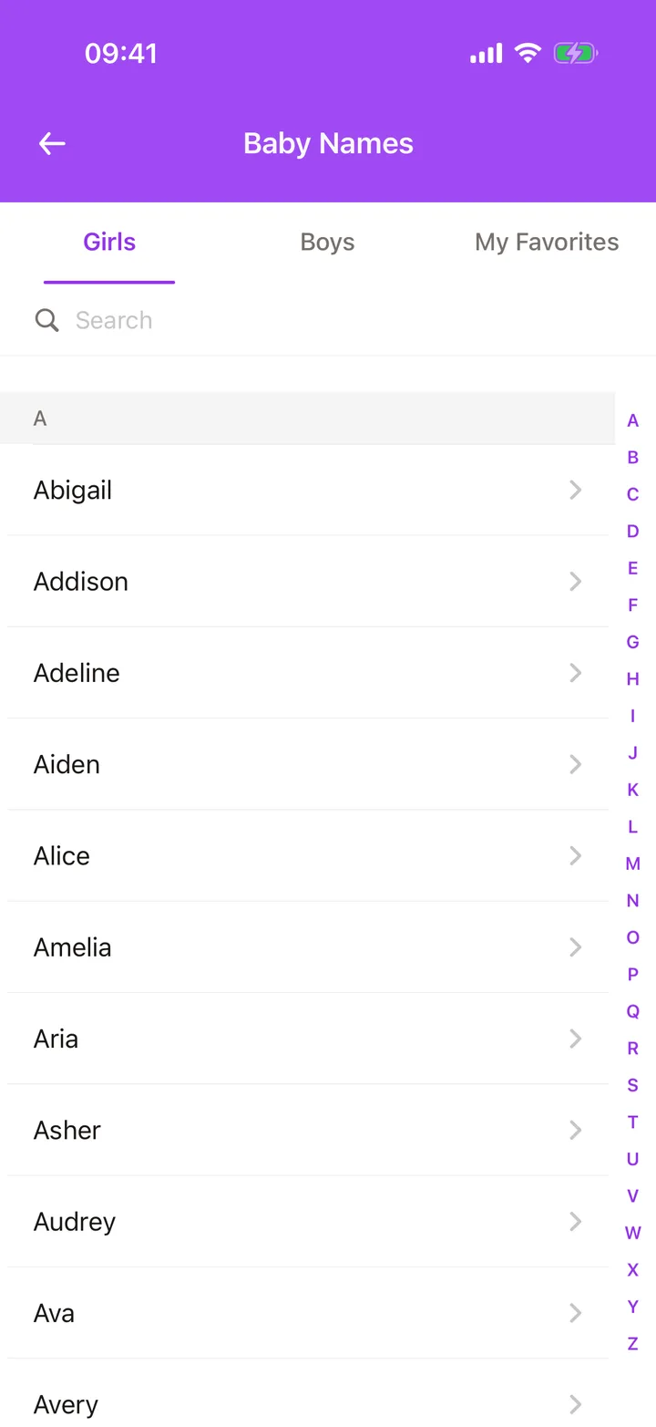Growby baby names browser listing girl names alphabetically with a search field and favorites tab