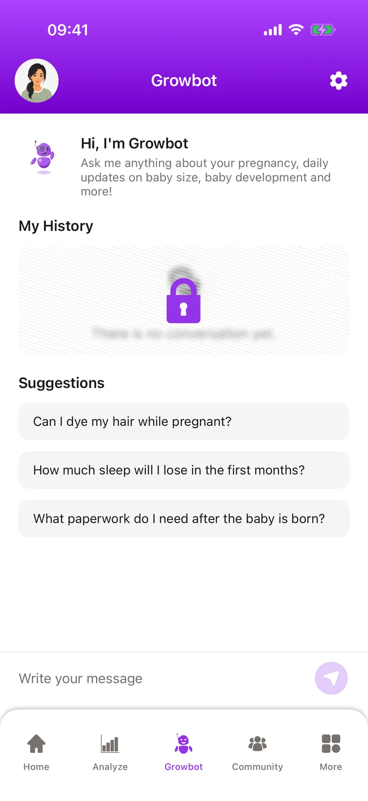 Growbot, the Growby AI pregnancy assistant, with suggested questions such as “Can I dye my hair while pregnant?”