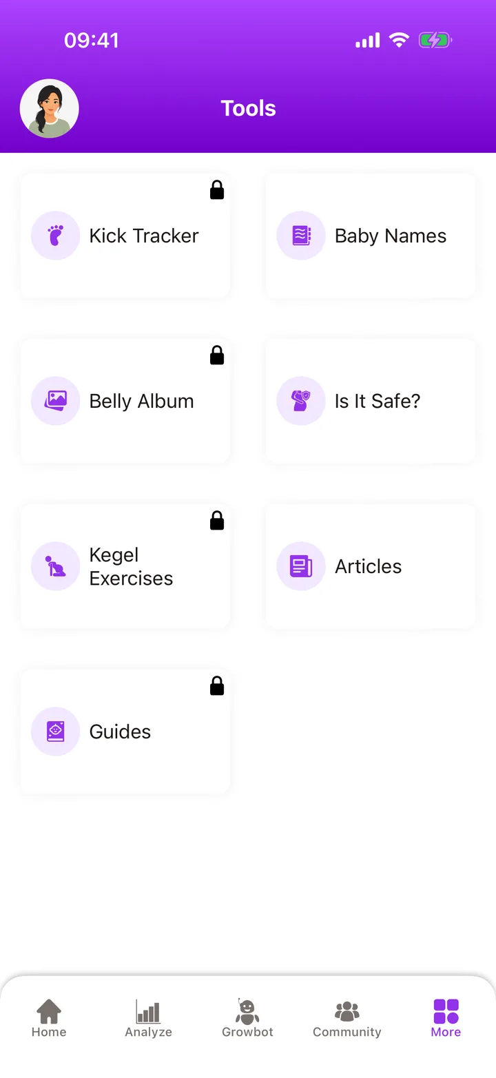 Growby tools screen with Kick Tracker, Baby Names, Belly Album, Is It Safe?, Kegel Exercises, Articles and Guides